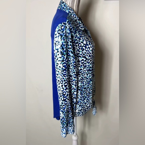 City View women’s blue mix knit button down top Sz large shirt bow - Picture 3 of 5